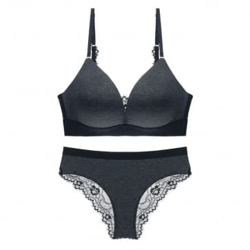 Deep V Eyelash Lace Wireless Thin Cotton Cup Bra Set