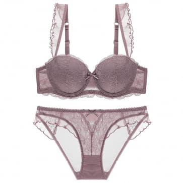 Pretty Floral Lace Ruffle Straps Padded Wired Balcony bra Set - Pink