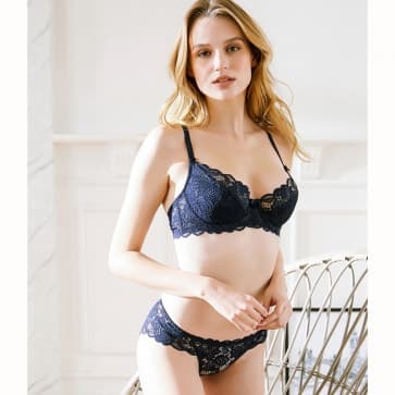 All Over Crochet Lace Non-Padded Underwired Full Cup Lingerie Bra Set - Navy