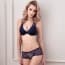 Crochet Lace Cotton Push Up Padded Plunge Lingerie Bra Set - Navy
