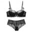 Sheer Floral Lace Underwire Demi Cup Balconette Bra Set - Black 