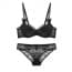 Scallop Lace Padded Cups Wired Garter Belt Lingerie Bra Set - Black