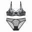 Ultra Thin Sheer Eyelash Lace Strappy Wired Non Padded Bra Set - Black
