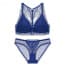 Wireless Halter Front Buckle Crochet Lace Raceback Plunge Bra Set - Blue