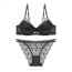 Floral Scallop Lace Wired Padded Push Up Plunge Bra Set - Black
