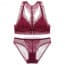 Wireless Halter Front Buckle Crochet Lace Raceback Plunge Bra Set - Wine Red