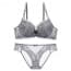 Crochet Floral Lace Soft Cotton Padded Underwire Plunge Bra Set - Grey
