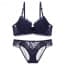 Crochet Floral Lace Soft Cotton Padded Underwire Plunge Bra Set - Navy