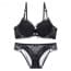 Crochet Floral Lace Soft Cotton Padded Underwire Plunge Bra Set - Black