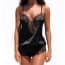 Deep V Eyelash Lace Hanging Neck Babydoll Lingerie - Black