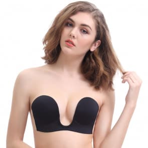 Deep U Invisible Self Adhesive Strapless Backless Invisible Push Up Bra - Black
