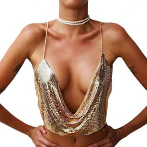 Sparkling Sequins Backless Halter Body Chain Crop Top - GOLD