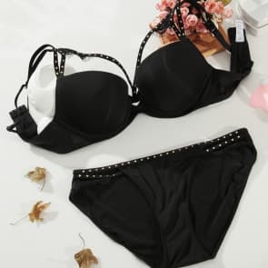 Rivet and Eyelash Lace Double Layer Half Cup Thin Bra Set